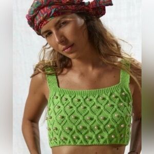 Green Zara Knit Embellished Women's Top